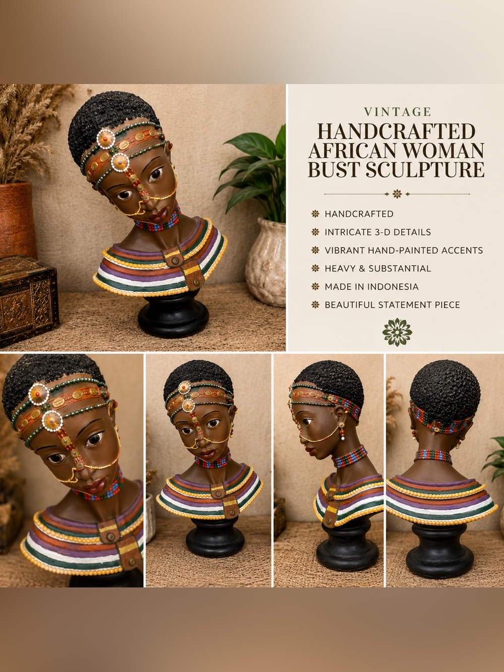 Vintage 13” Handcrafted African Bust Sculpture | Heavy 3-D Folk Art Decor
